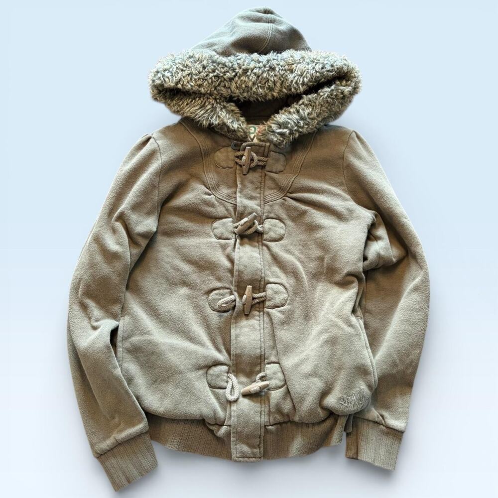 Roxy Jacket Womens Small Brown Faux Fur Hooded Toggle Fleece Bomber Zip Coat